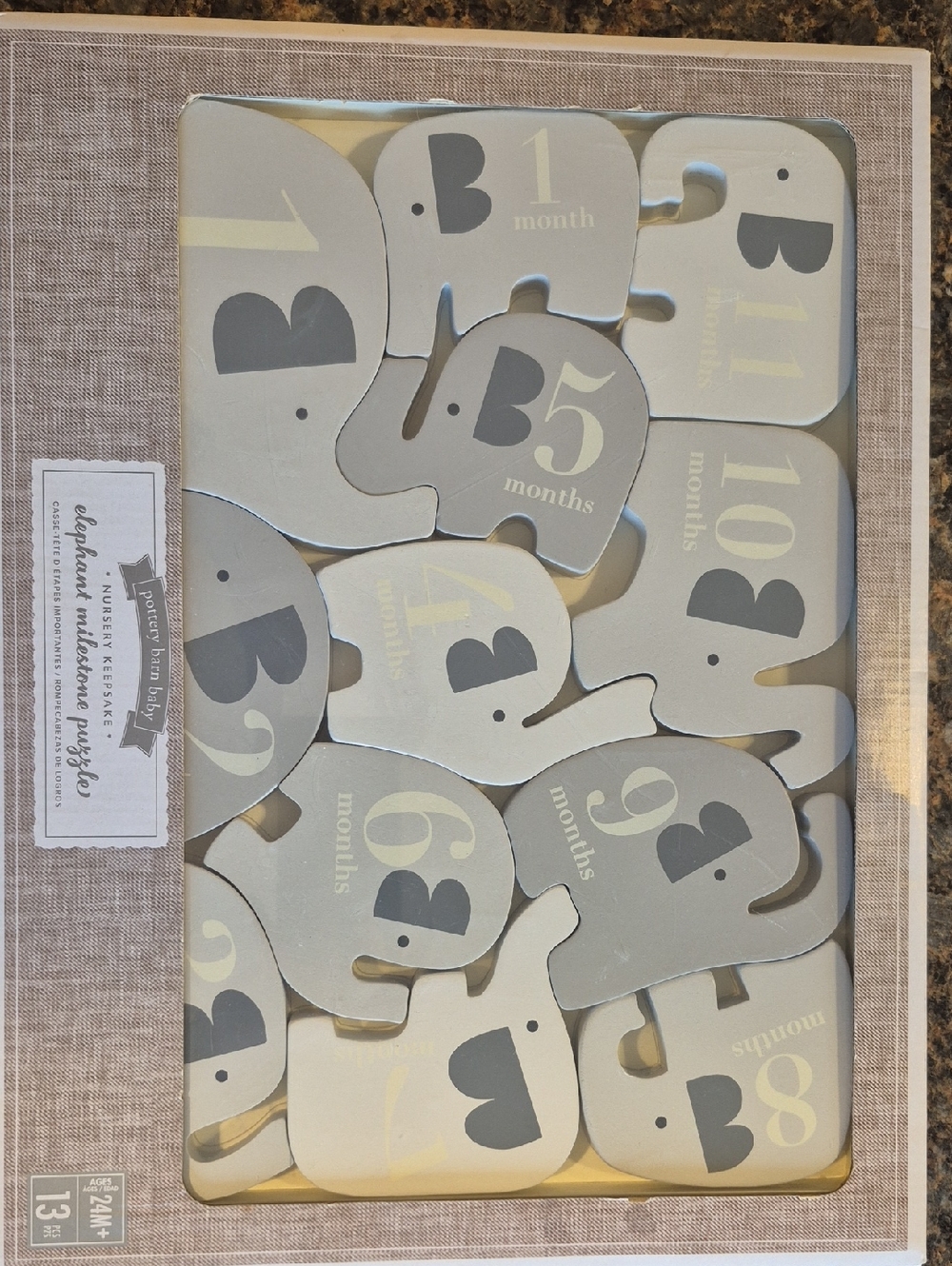 Pottery Barn Baby Elephant Milestone Puzzle - Gray and Cream